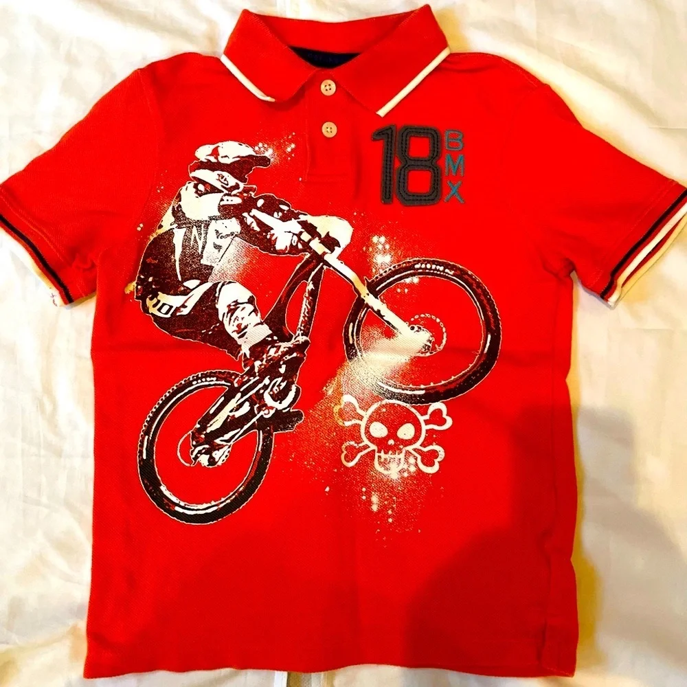 OshKosh B'gosh Boys Size 5 Orange BMX Graphic Polo Shirt Bike Rider Kids Top